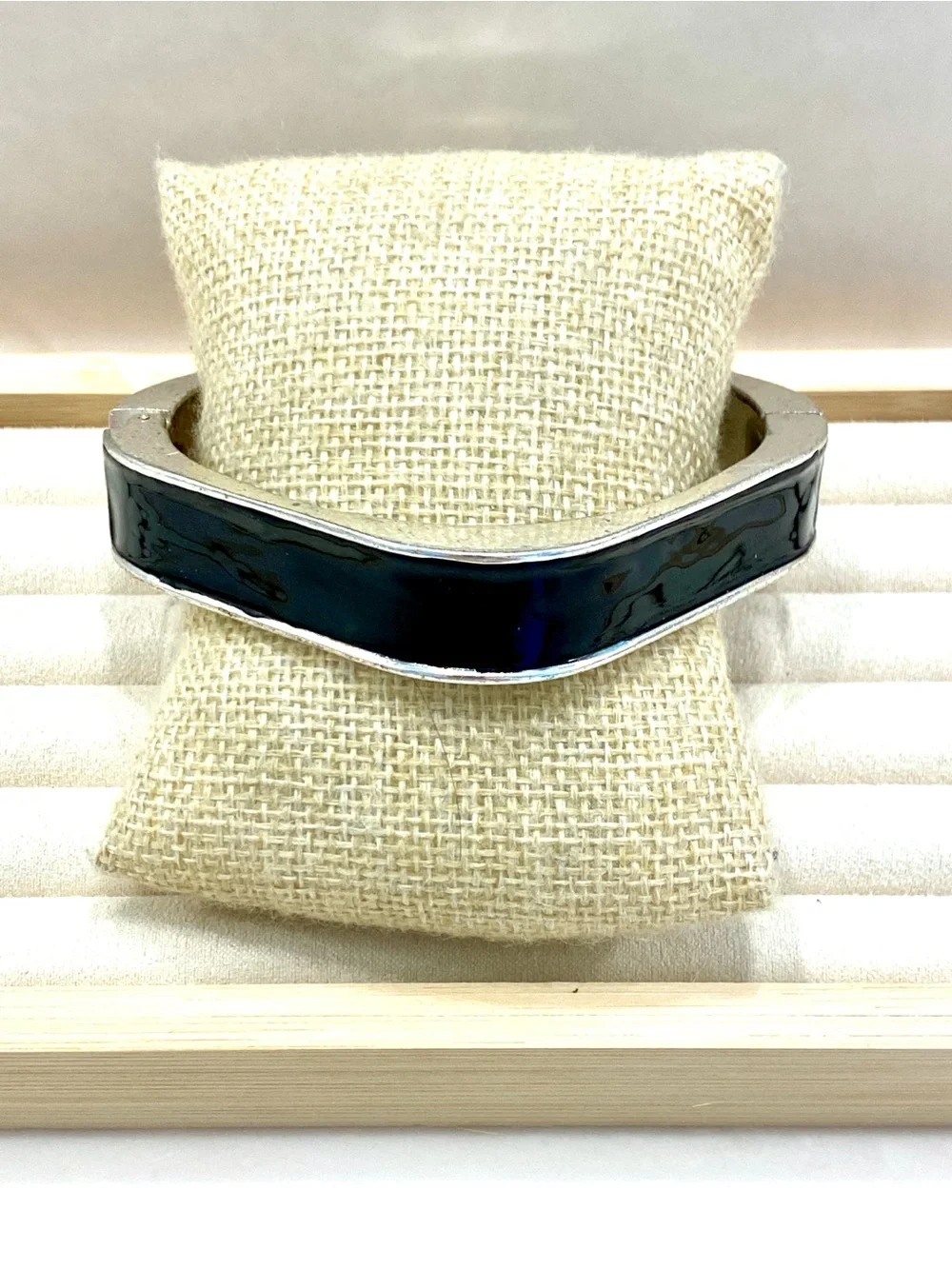 Vintage Silver Tone Square Black Enamel Hinged Bangle Bracelet Geometric Minimal